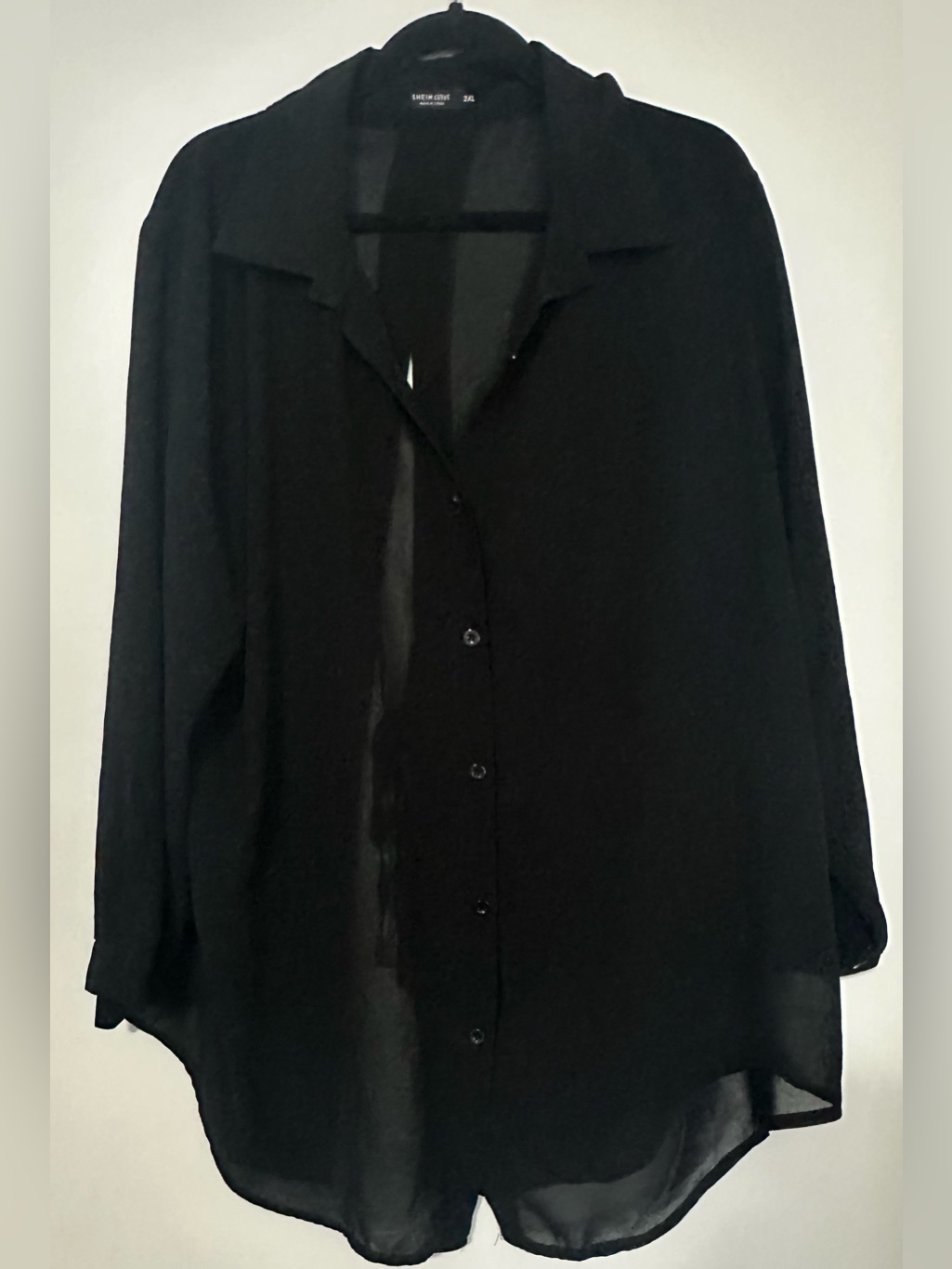 Shein Black Sheer Button-Down Split Back Blouse